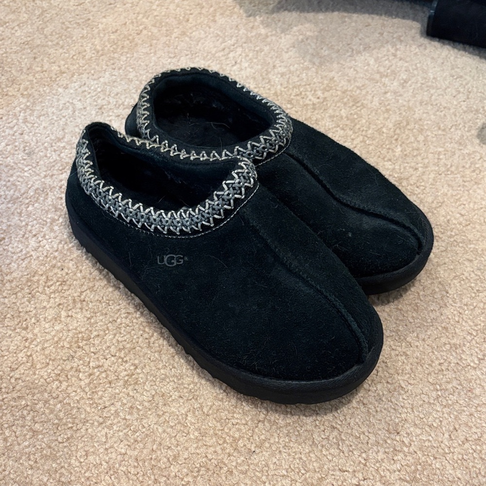 UGG Black Suede Slip-Ons with Patterned Trim